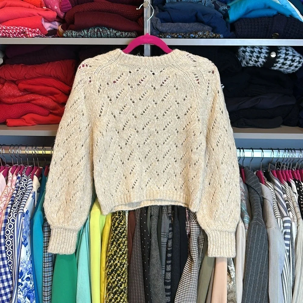 J Crew tan open knit crew neck long sleeve sweater size XXS